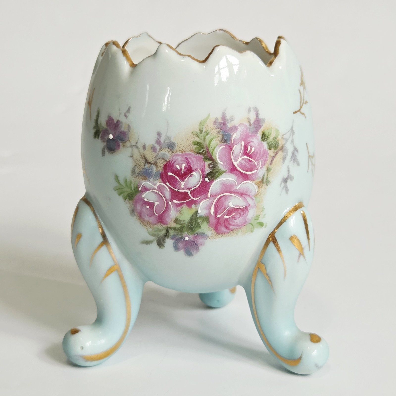 Inarco Cracked Egg Vase Light Blue Porcelain Handpainted Roses Vtg 1962 Japan 4
