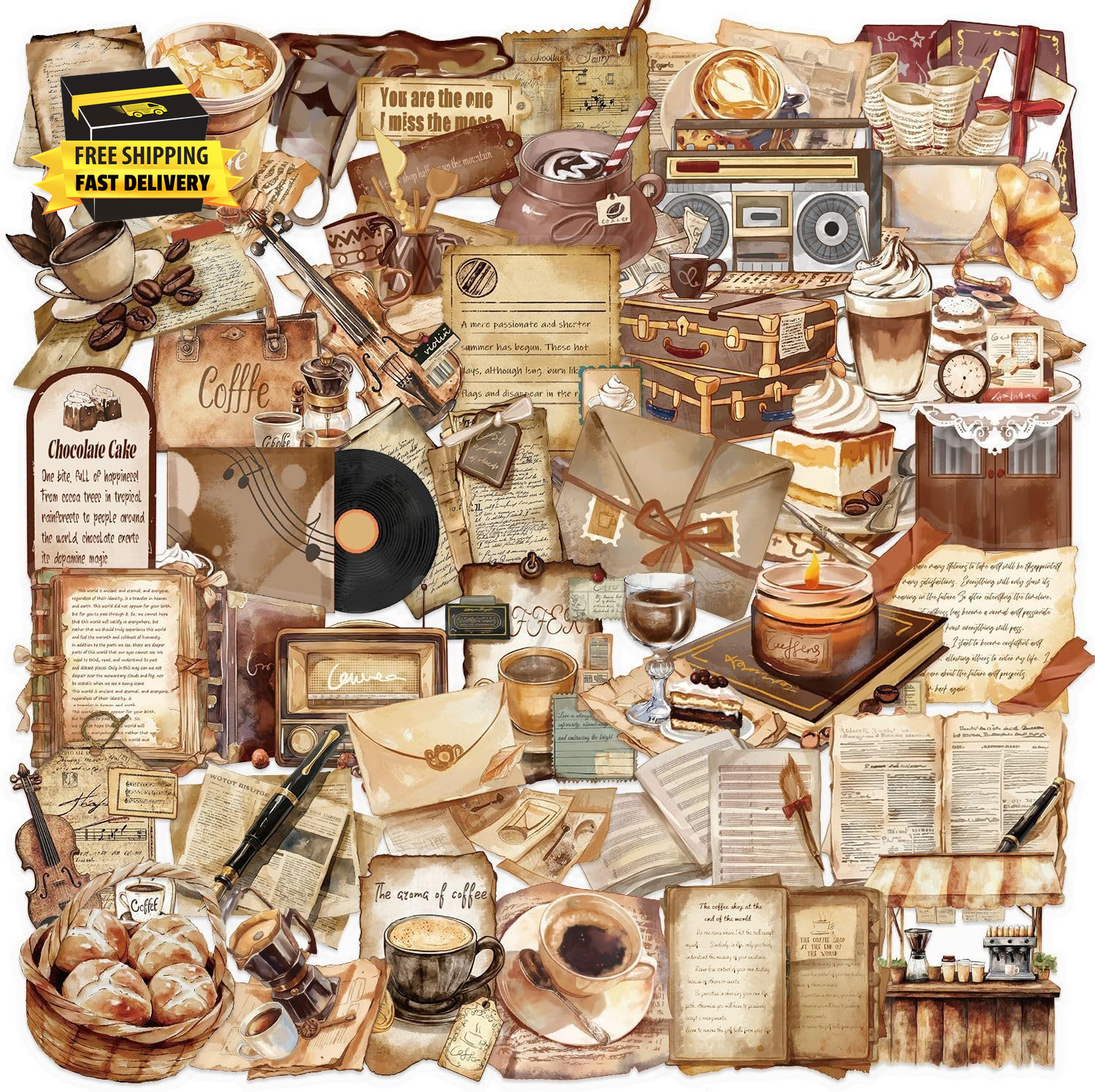 Vintage Coffee Bar Accessories Transparent Stickers, 50PCS Retro Cafe Vinyl Wate