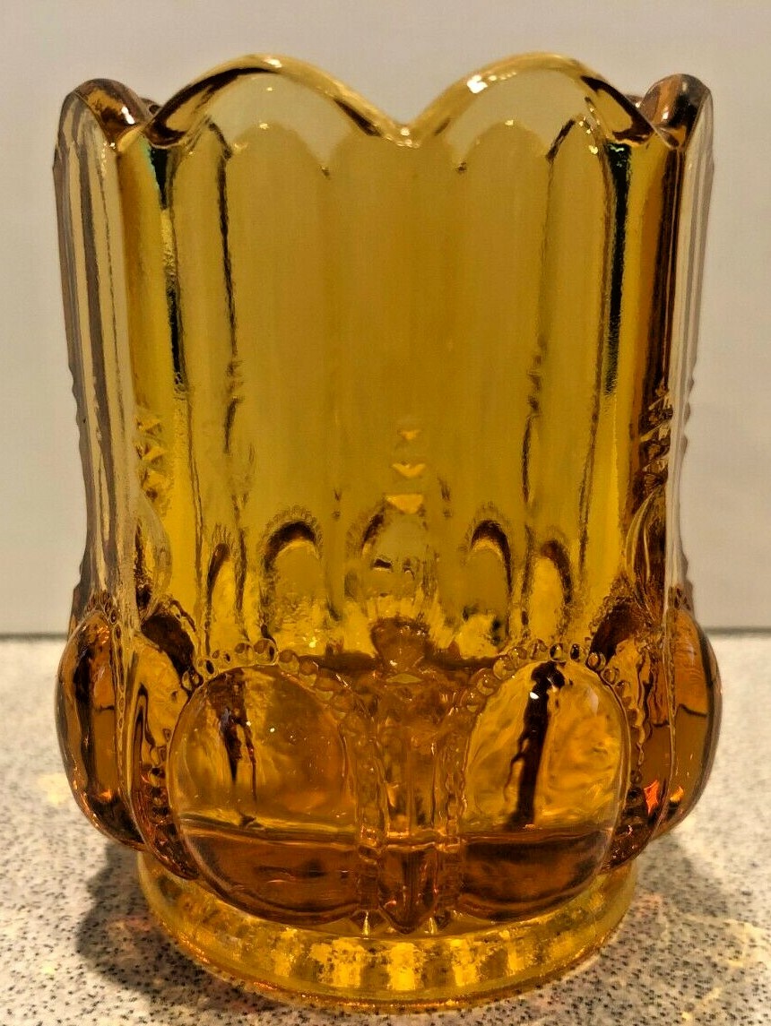 Vintage DEGENHART Light Amber GLASS Footed BEADED OVAL Toothpick Holder
