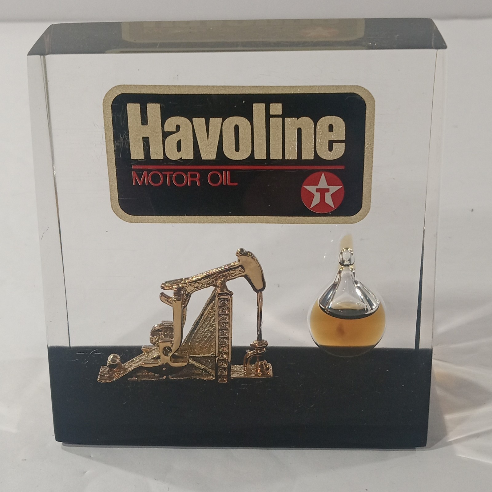 Havoline Texaco Logo Lucite Display Block Paperweight Oil Drop Pumpjack Vintage