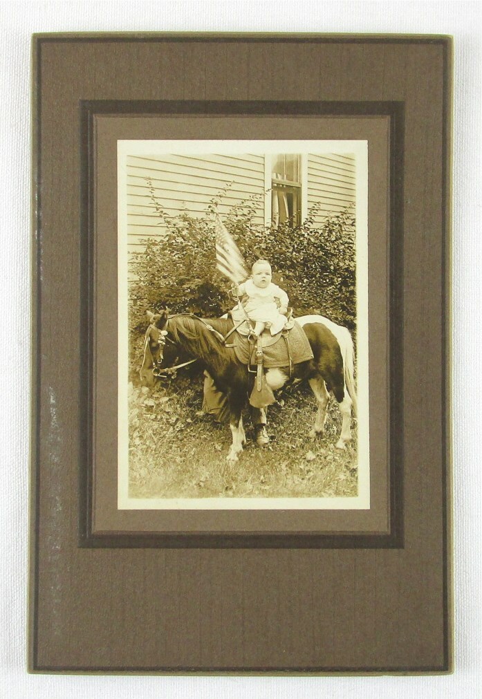 Antique Cabinet Card Photo, Baby Holding Flag on Pony, Hiding Person, RARE