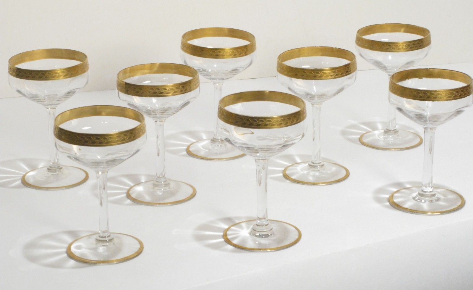 Set 8 Vintage Gold Rim Champagne Coupe Glasses Mini Cocktail Sherbet Stems