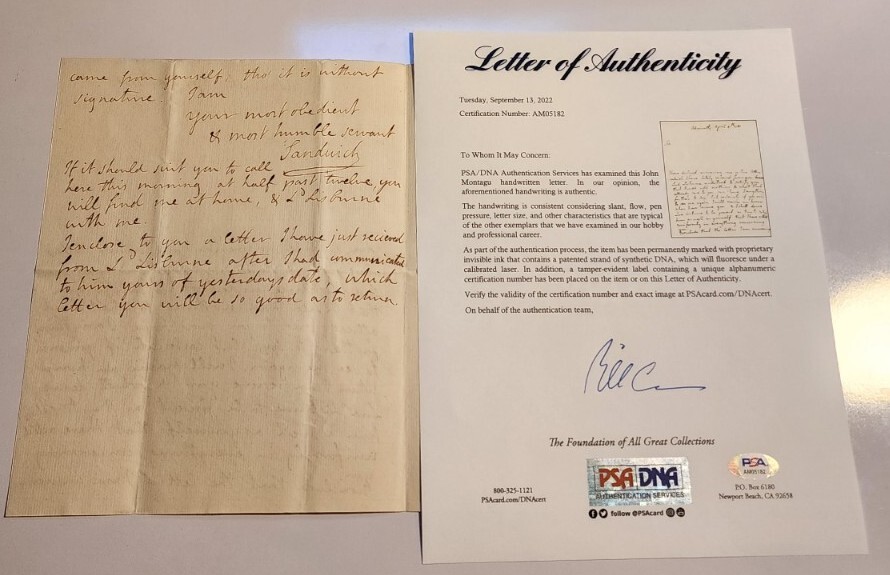 The Earl of Sandwich Signed Letter PSA DNA Autograph John Montagu 4th 1781 Rare