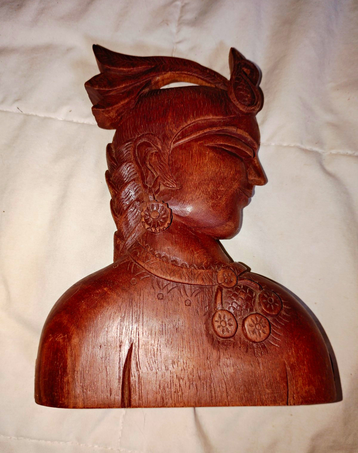 Hand-Carved Brown Wood Woman Bust Figurine on Base Carved Detail