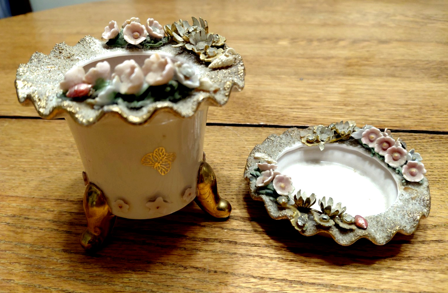 VINTAGE LEFTON CERAMIC JAPAN TRINKET VASE & DISH SPAGHETTI FLOWERS CHIC