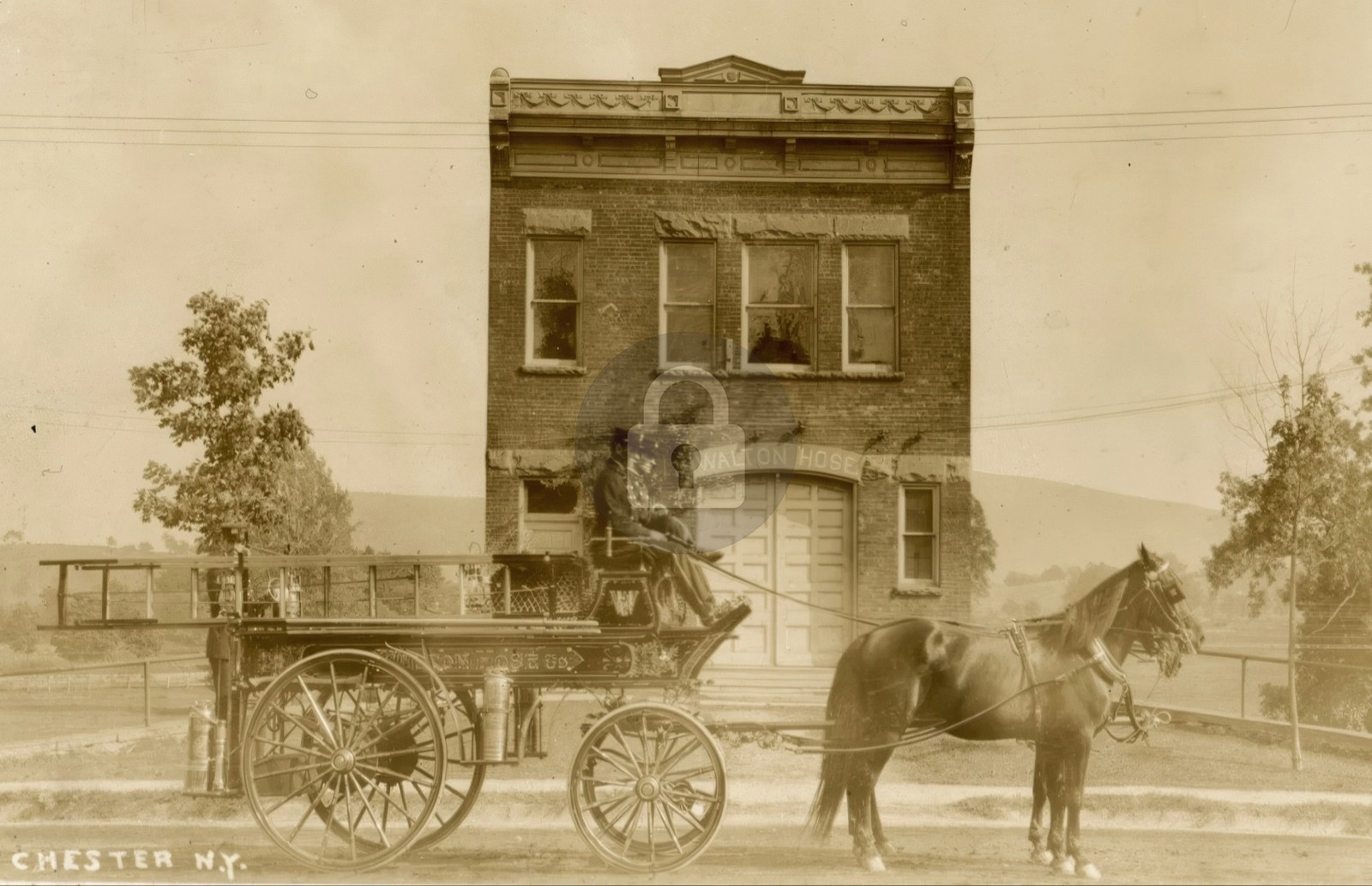 Chester NY Walton Hose Co Firehouse Horse Drawn Wagon RPPC Photo Postcard COPY