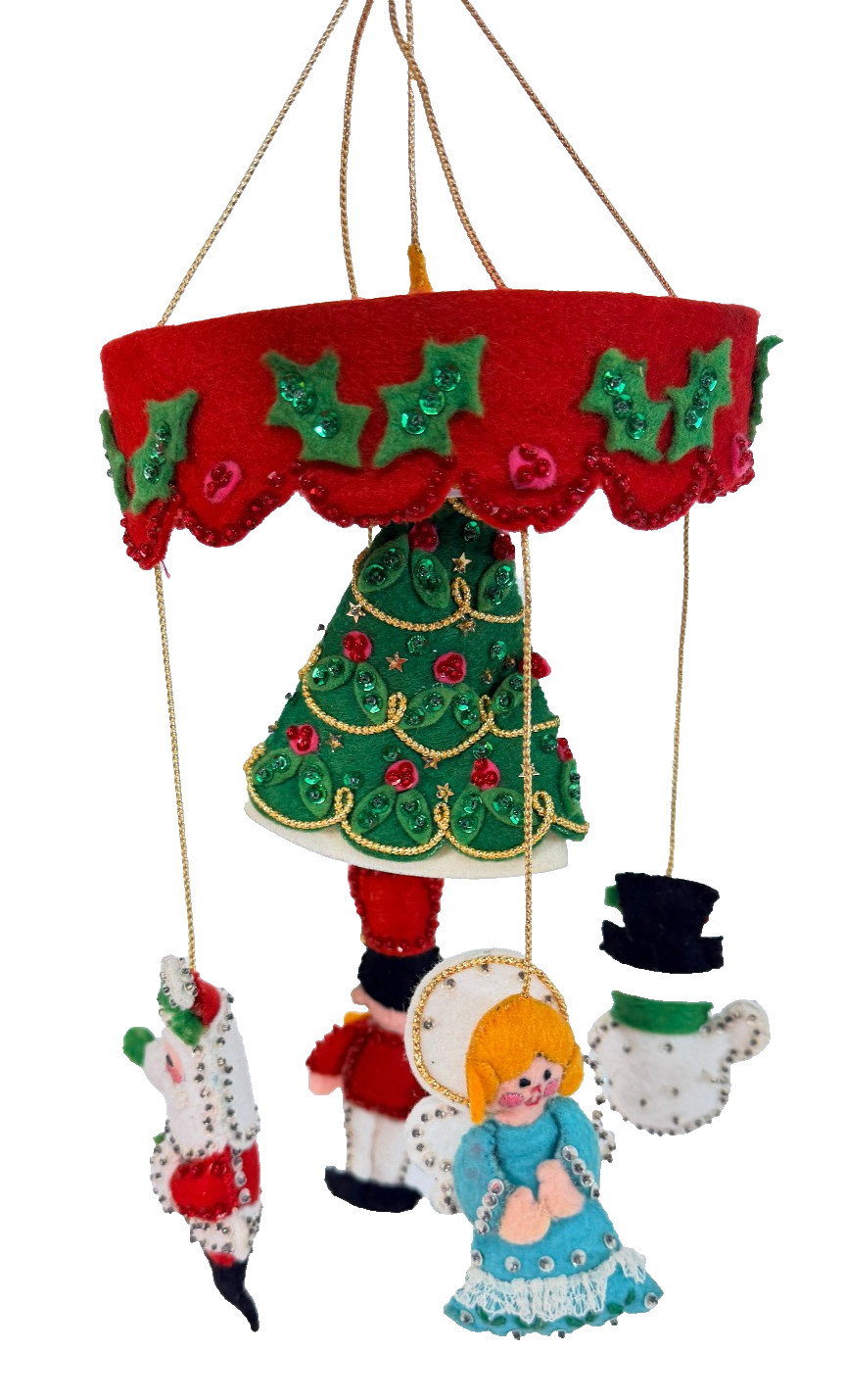 Vintage Bucilla Christmas Felt Mobile Santa Angel Snowman Sequins Handmade 3416