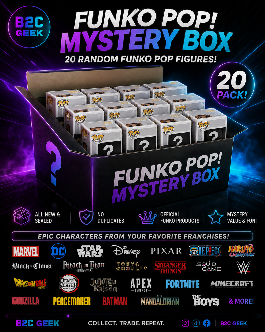 Funko Pop Mystery Box 20 Pack – 20 Random NEW Sealed Figures & Items