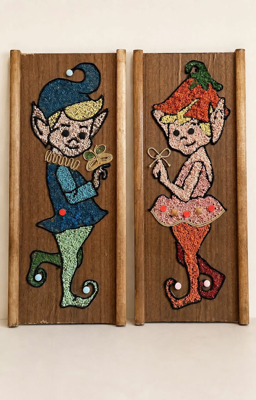 Vintage 1960s Pixie Elf Gravel Art Wall Plaques MCM Pair 17” Retro Kitschy
