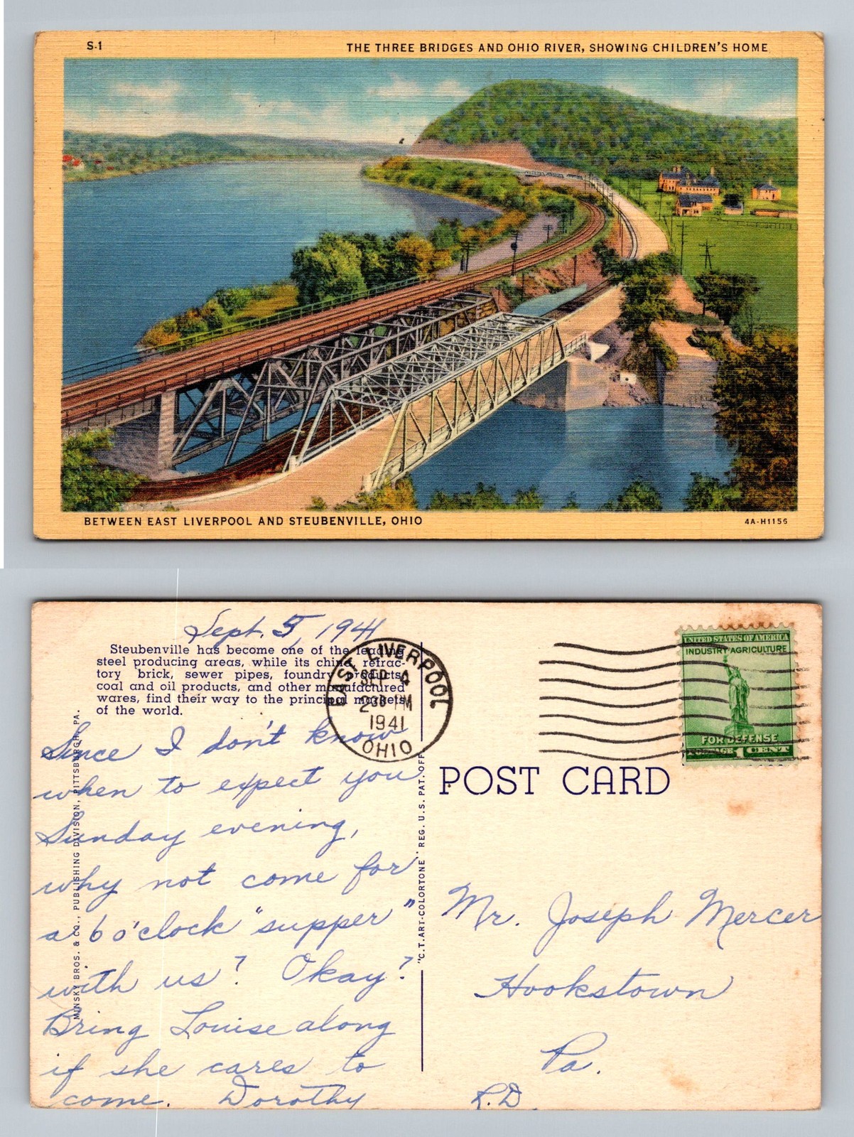 Steubenville, OH-Ohio, Three Bridges And Ohio River, Vintage c1941 Postcard