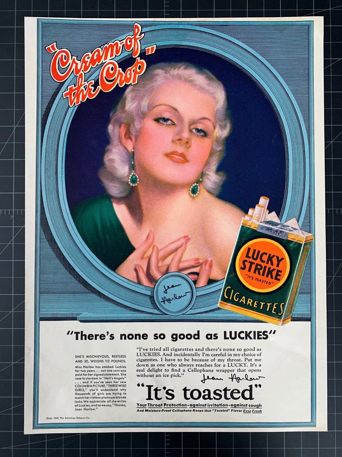 Rare Vintage 1932 Lucky Strike Cigarettes Original Print Ad - Jean Harlow