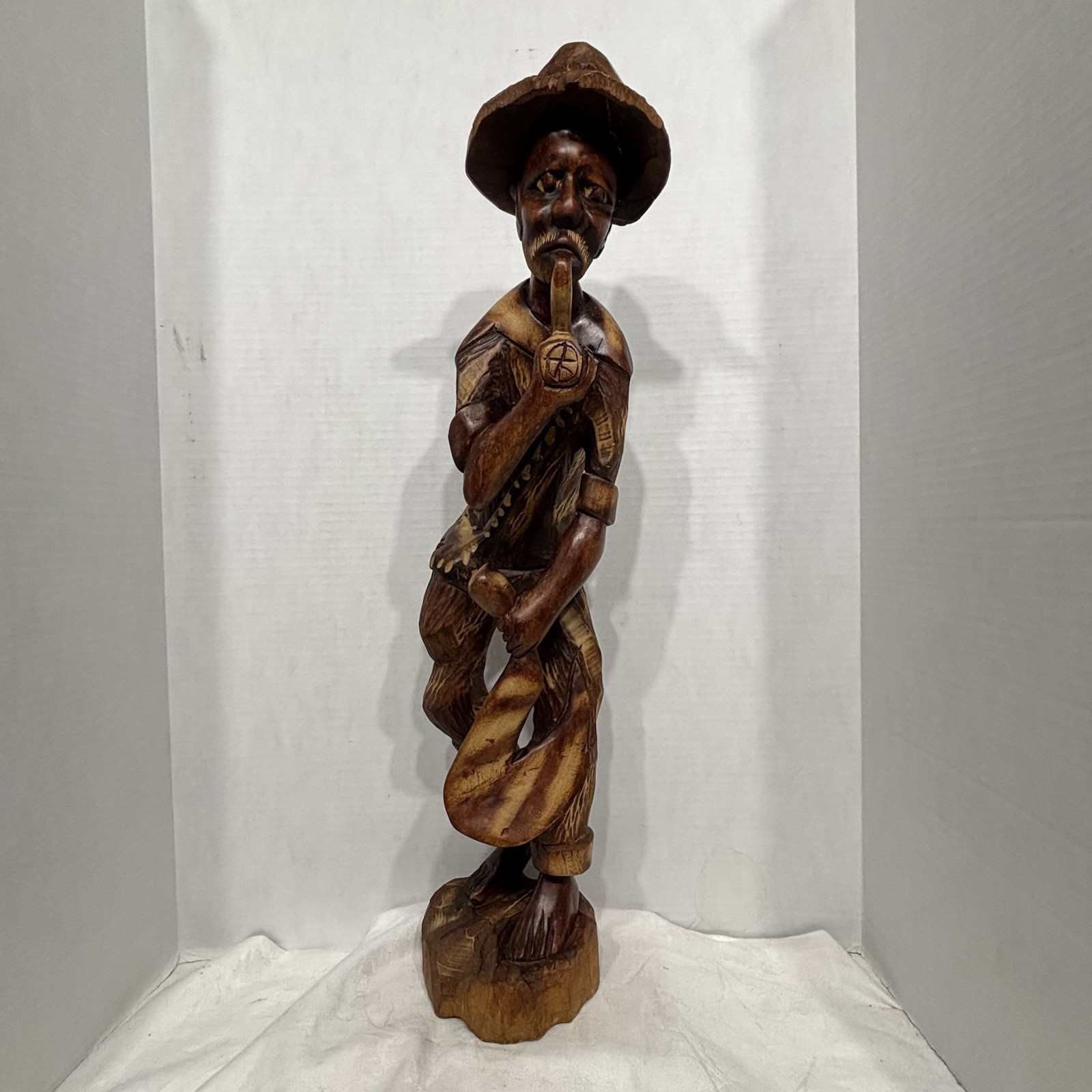 VTG Haitian Folk Art Wood Sculpture 26” Hand Carved Farmer W/ Pipe  Repaired