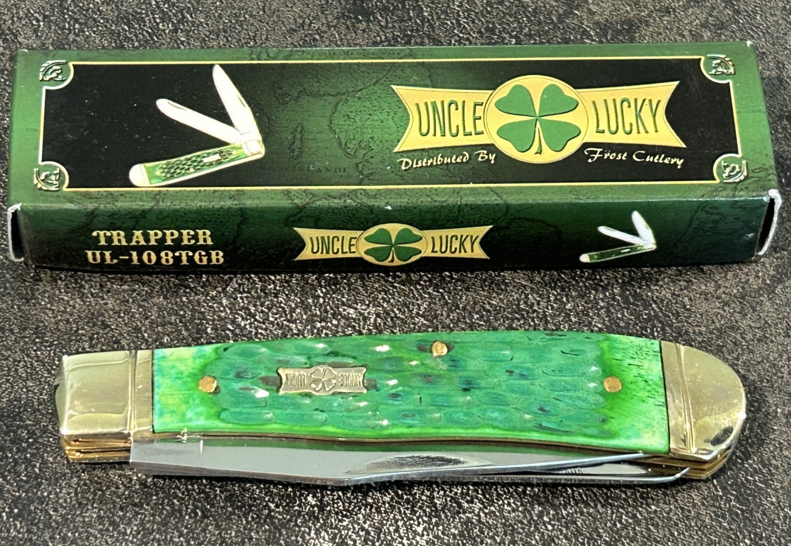 Frost Uncle Lucky Trapper Pocket Knife Green Jigged Bone 440 Stainless Steel MIB