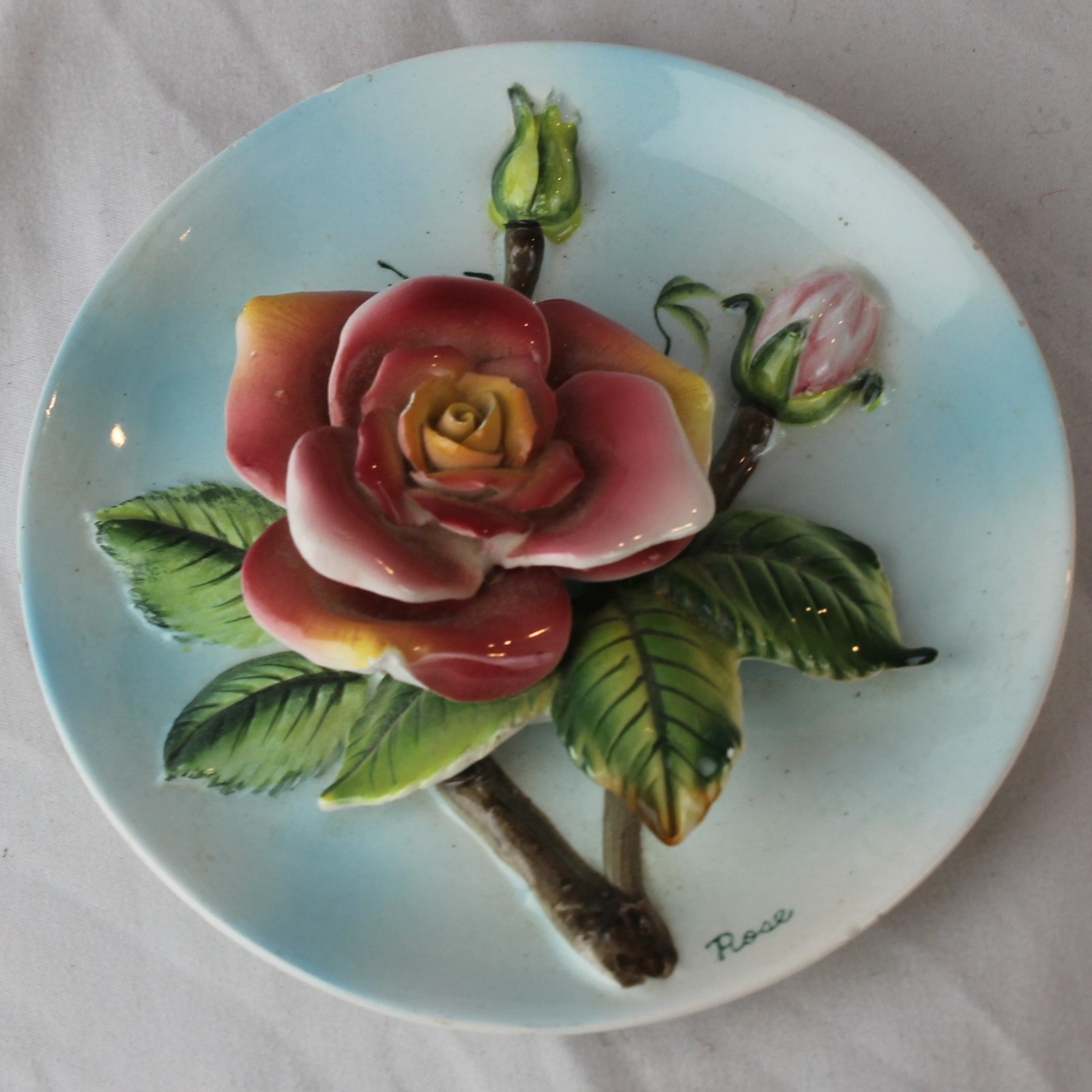 Vintage Ceramic Collector Wall Hanging Plate Yellow Rose Raised 3D Art B3878/G