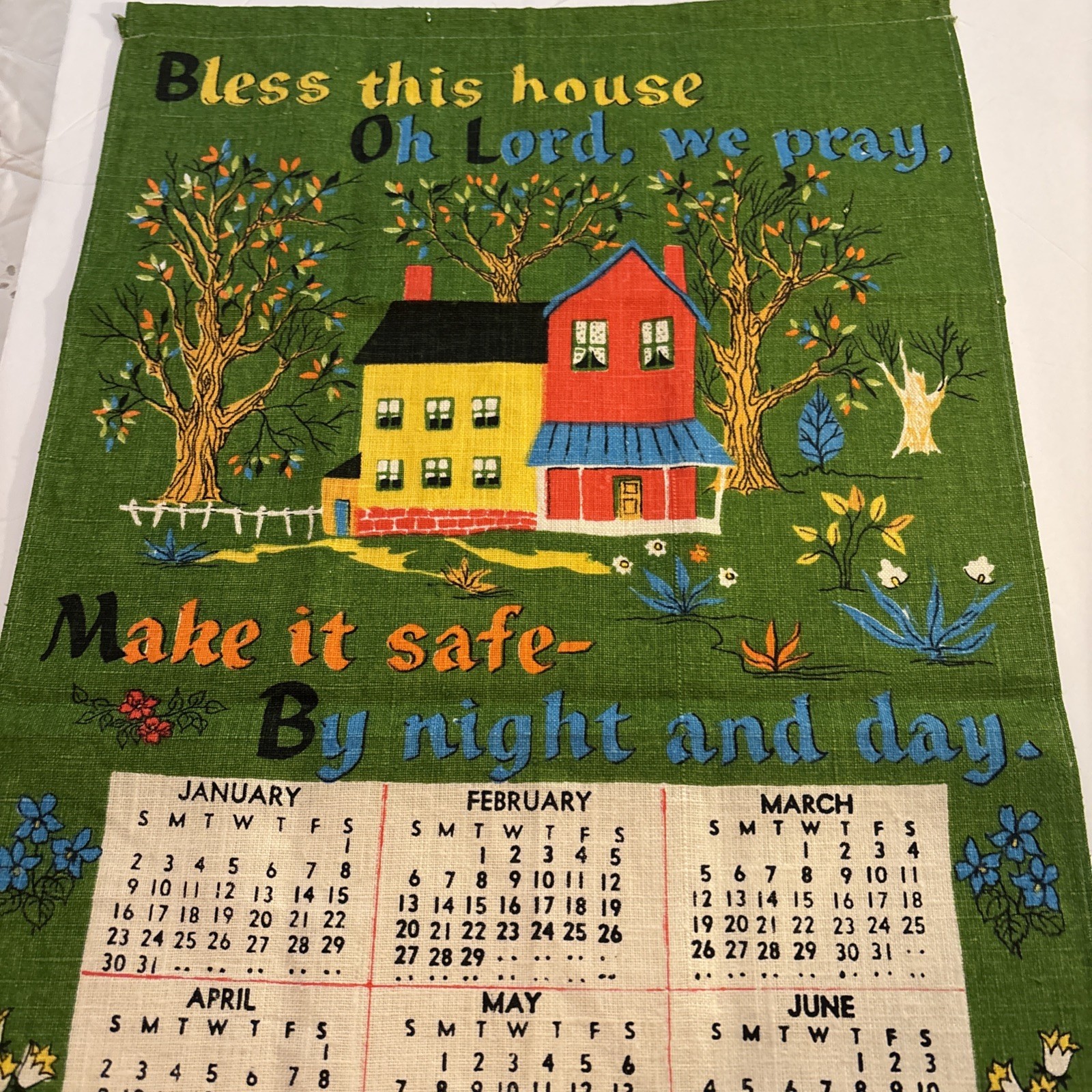1972 Vintage Tea Towel Cloth Calendar Home Prayer Emerald Green Grandma Core