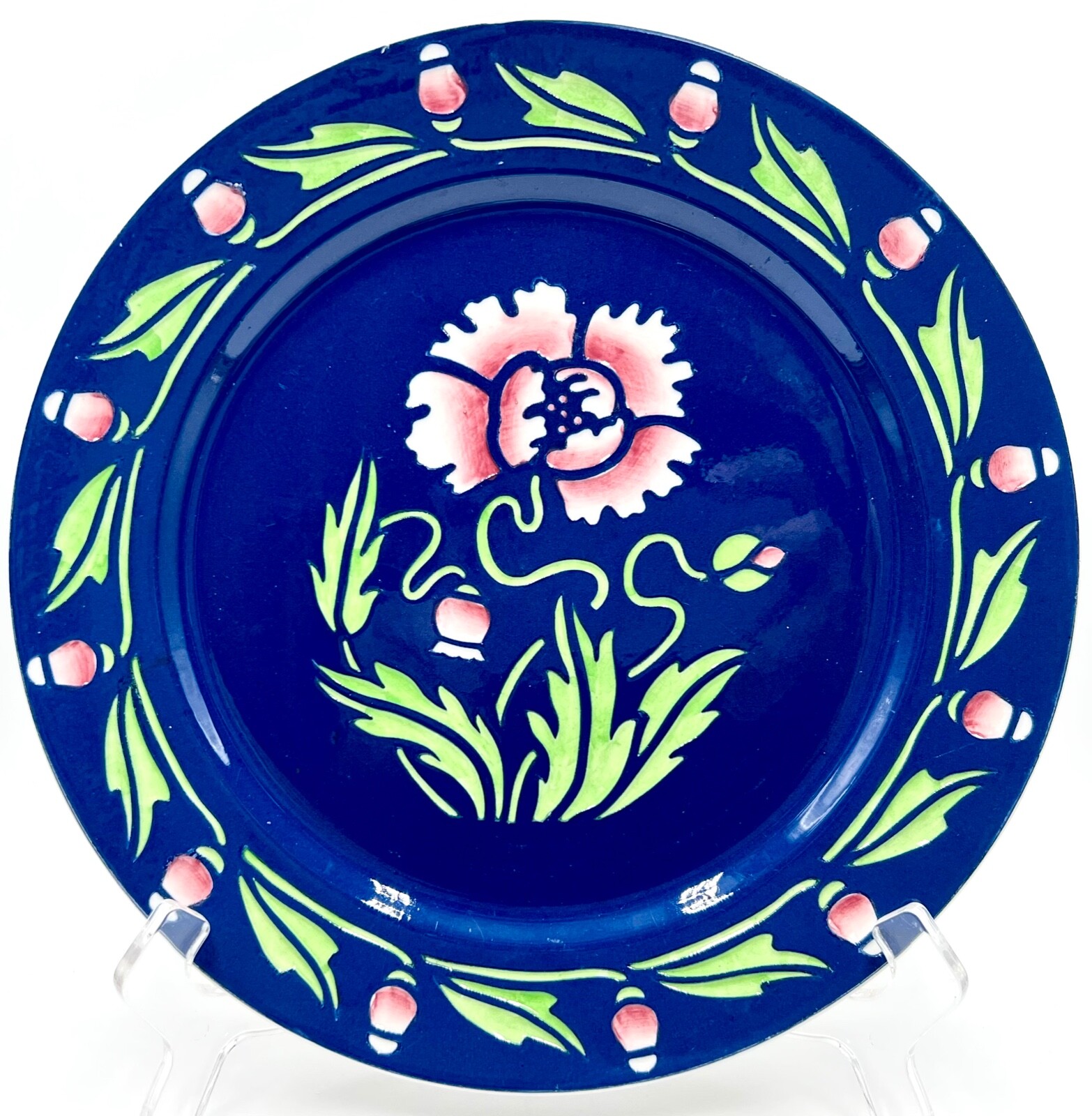 RARE c1875 ANTIQUE SARREGUEMINES 9.5in BLUE & PINK FLORAL PLATE, R780