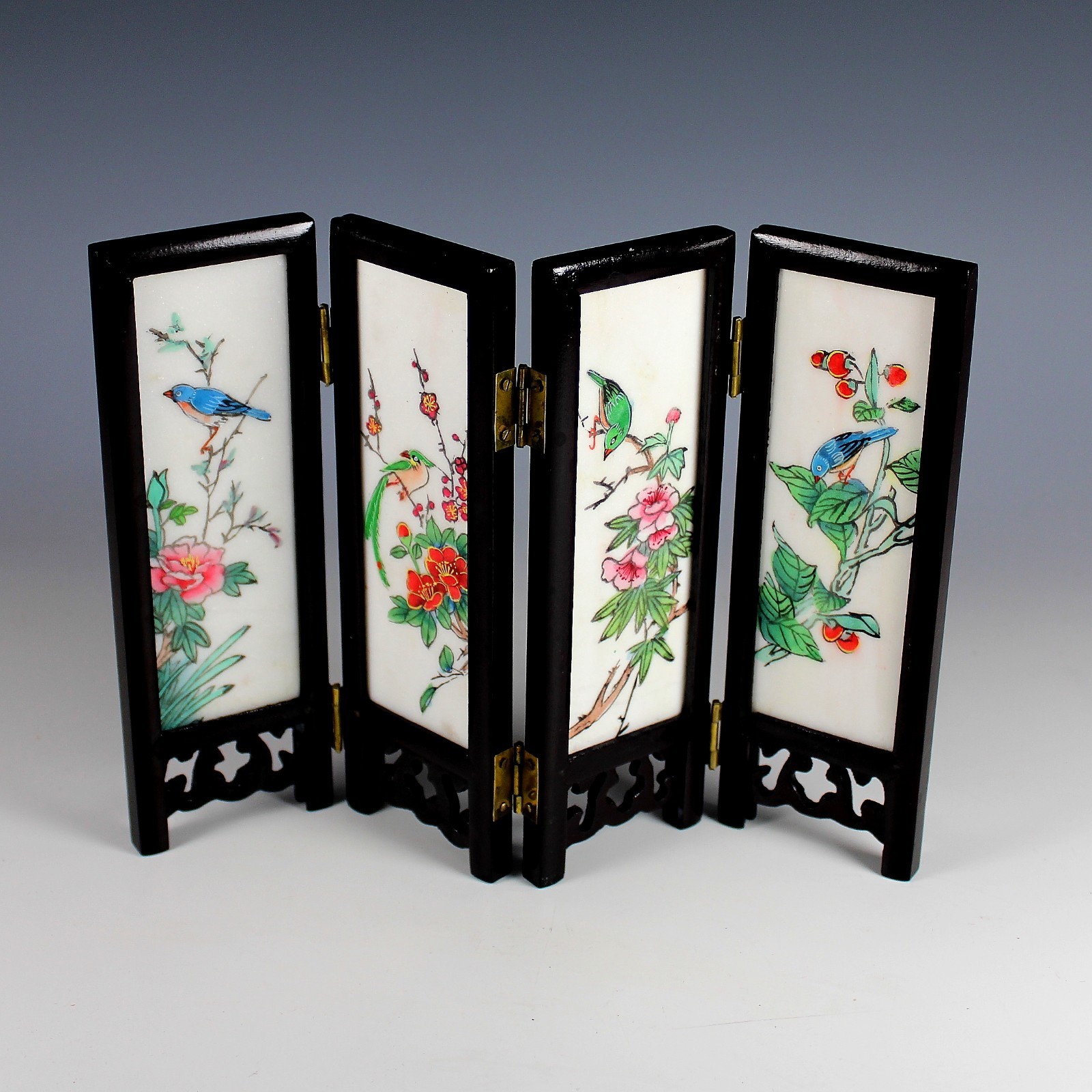 Vintage Chinese Porcelain 4 Panel Table Screen Hand Painted Double Sided Vintage Chinese Porcelain 4 Panel Table Screen Hand Painted Double Sided
