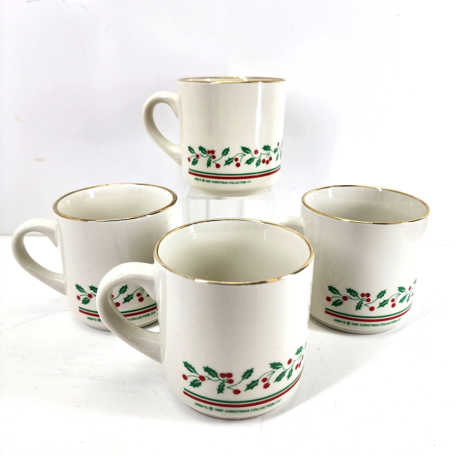 1987 Arby\'s Christmas Holiday Collection Holly 10 oz Coffee Cup Mug Set of 4