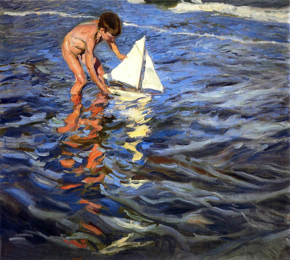 Oil painting The Young Yachtsman little boy playing by summer beach Hand painted