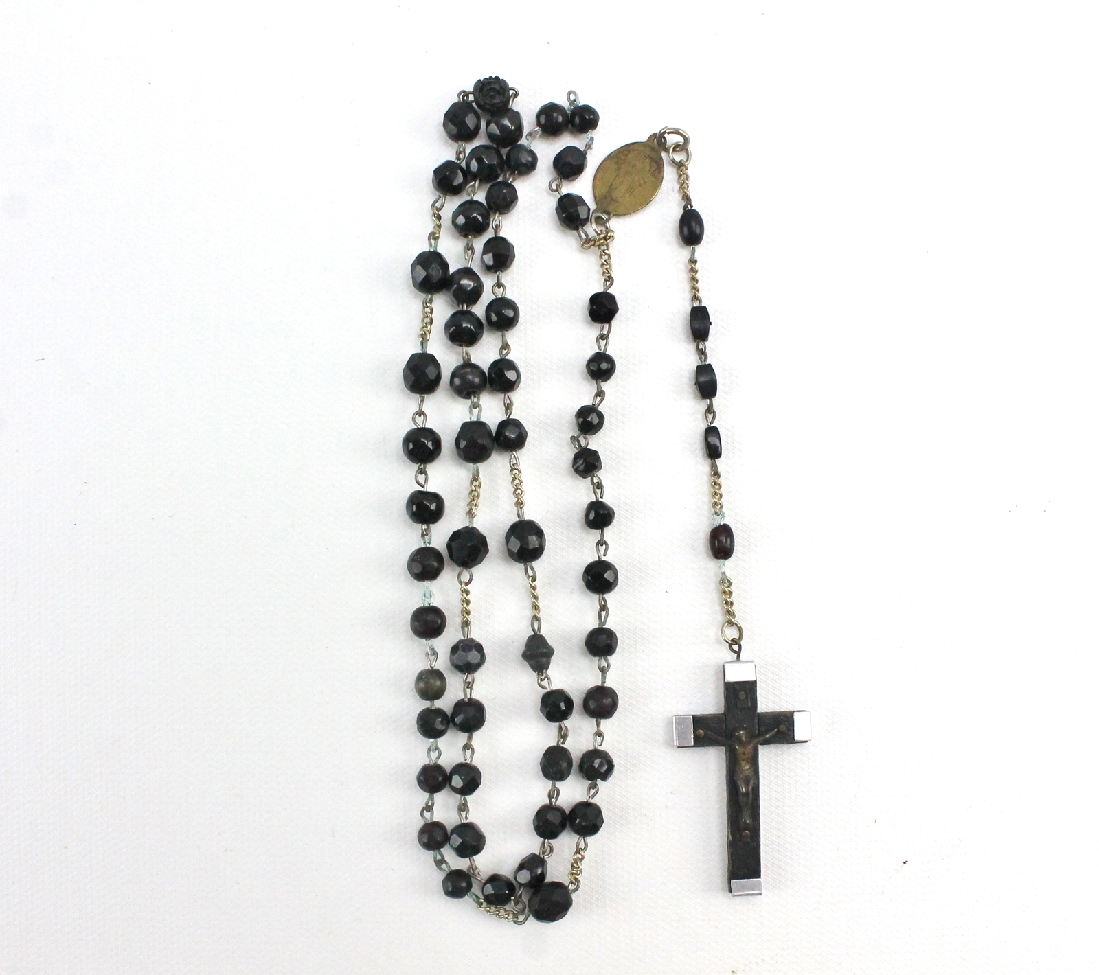 Vintage Metal Wrapped Wood Crucifix Rosary Black Faceted Stones Italy