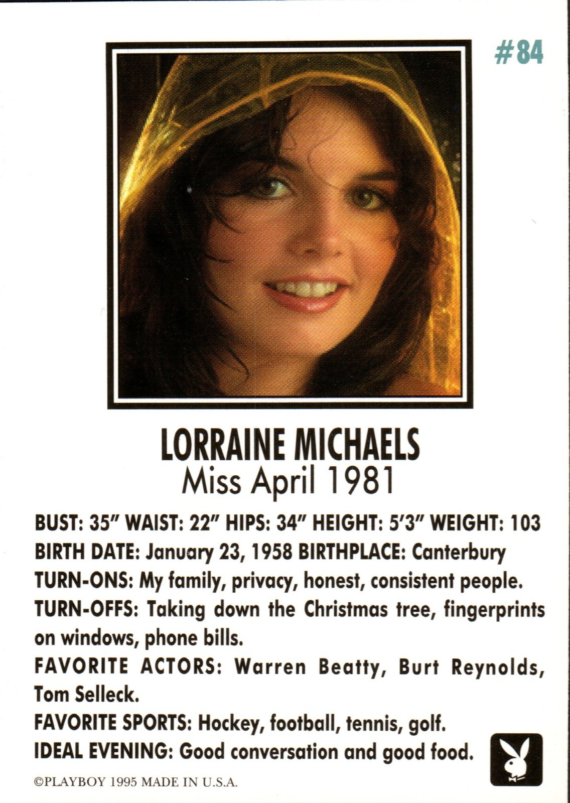 1995 Playboy Centerfold Card # 84 April 1981 Lorraine Michaels