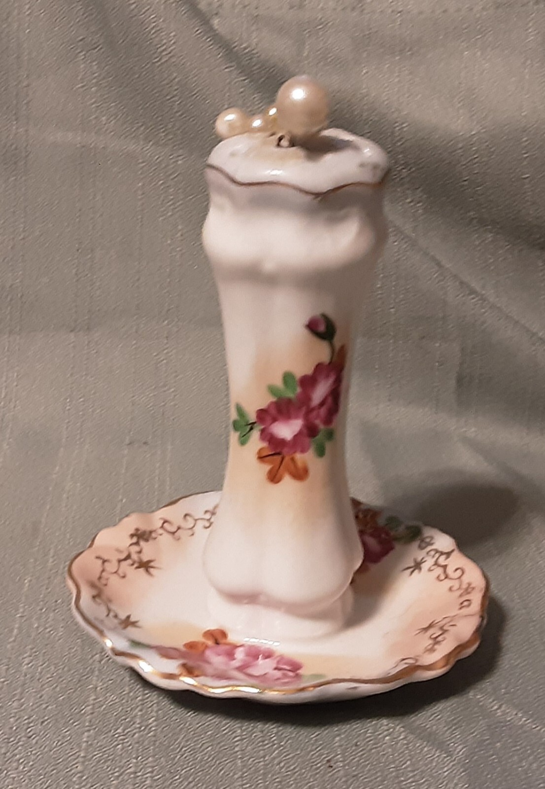 VINTAGE RS PRUSSIA PORCELAIN HAT PIN HOLDER-GOLD TRIM-w/6 Hatpins