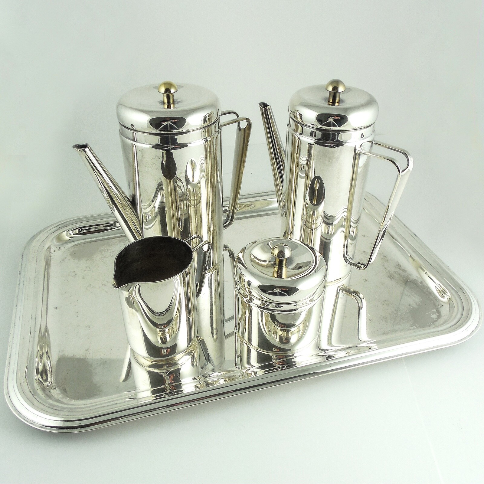 PM Italian Silverplate & Brass Coffee & Tea, 5 Piece Service — MARKED, CLASSIC PM Italian Silverplate & Brass Coffee & Tea, 5 Piece Service — MARKED, CLASSIC