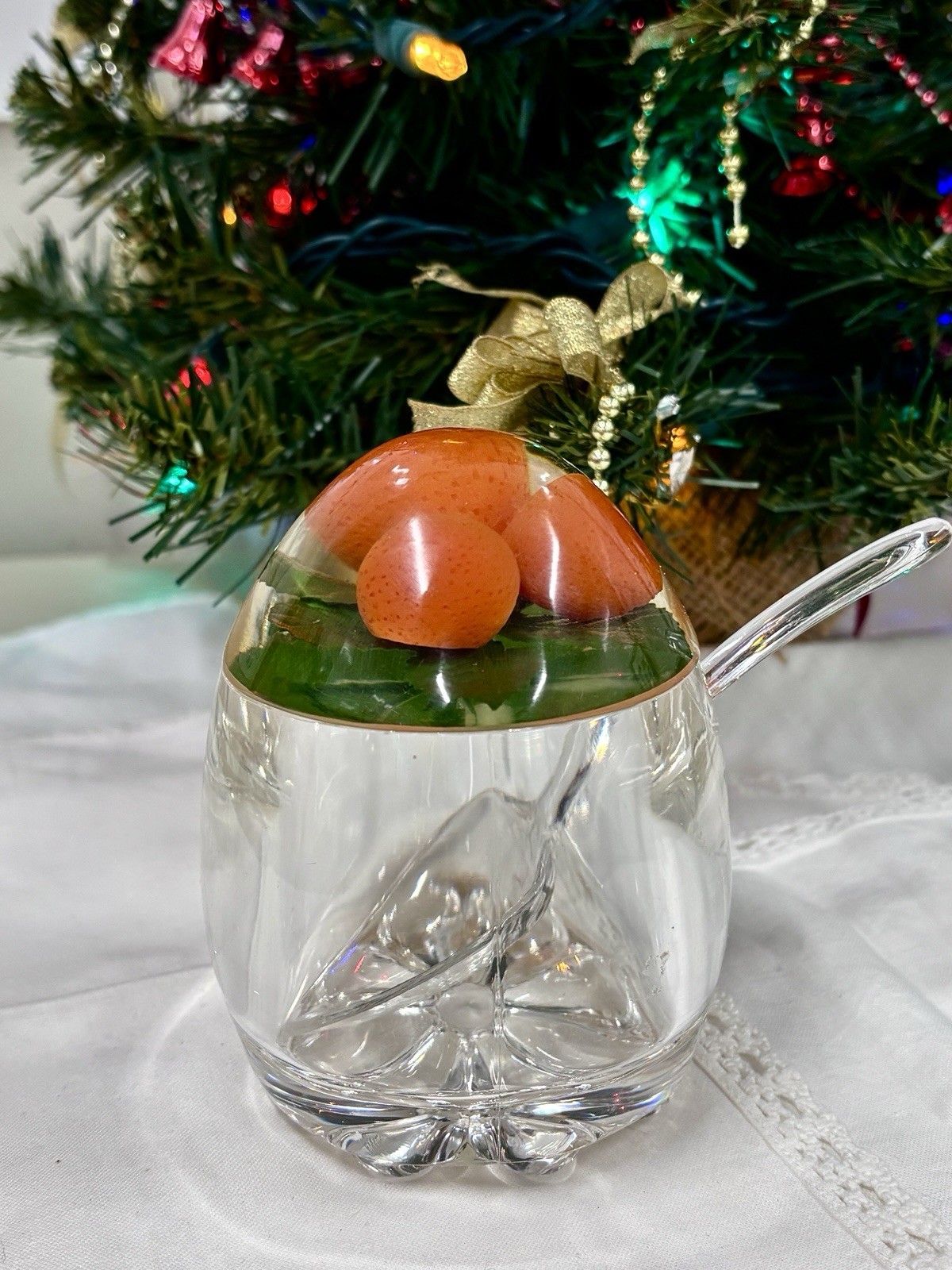 Vintage Lucite Jam Jar with Spoon Tangerine Faux Fruit Acrylic Jelly Pot Retro.