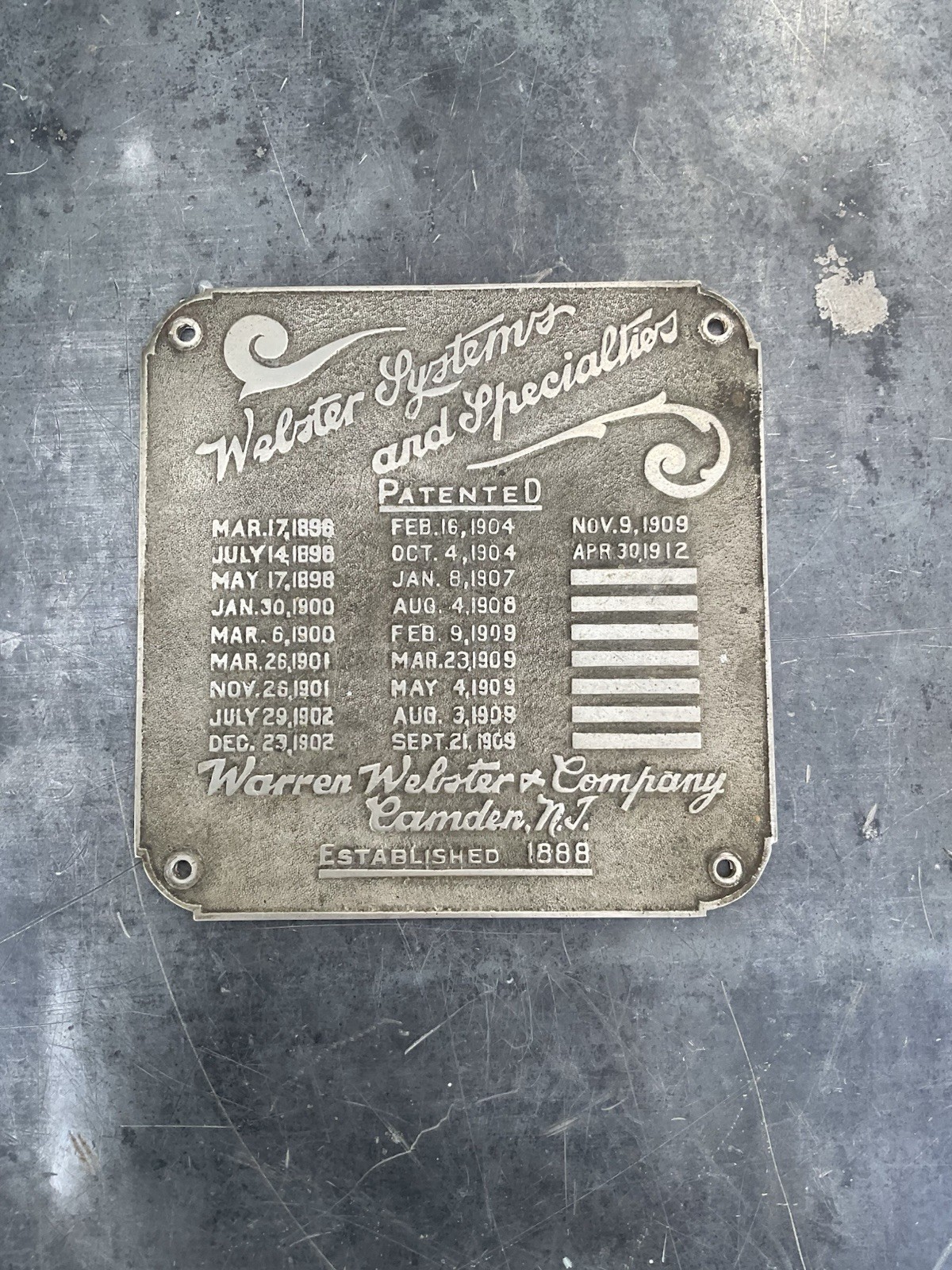 Antique Early 1900’s Warren Webster & Co Camden N. J. Boiler Bronze Plate
