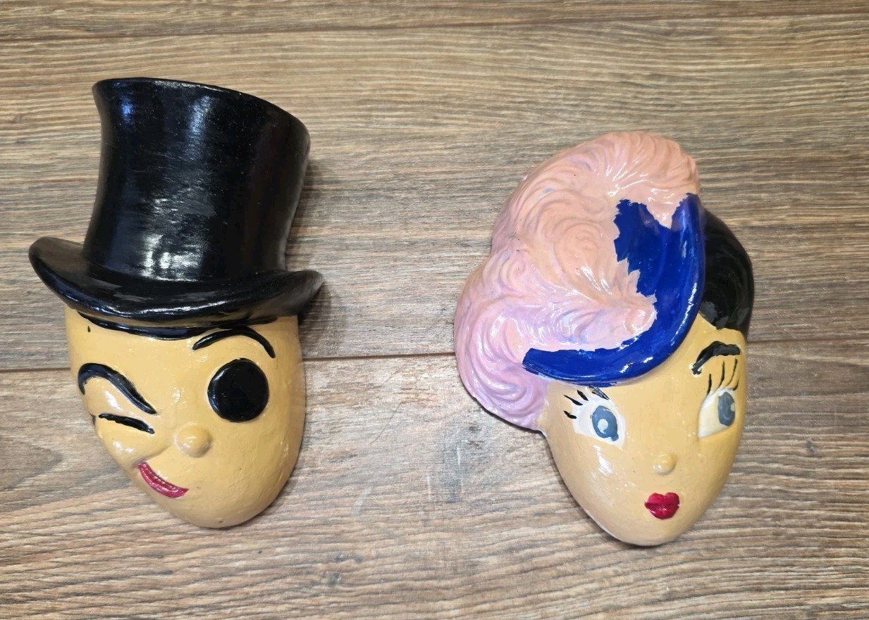 (2) Vintage Roaring 20's Chalkware Wall Hangings Winking Top Hat Man And Lady