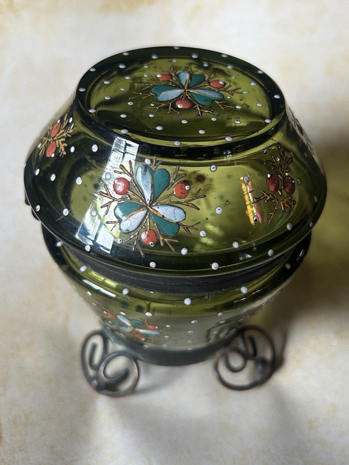 Vintage Bohemian Green Enamel Painted Glass Trinket/Vanity Box. Unique Shape,Art