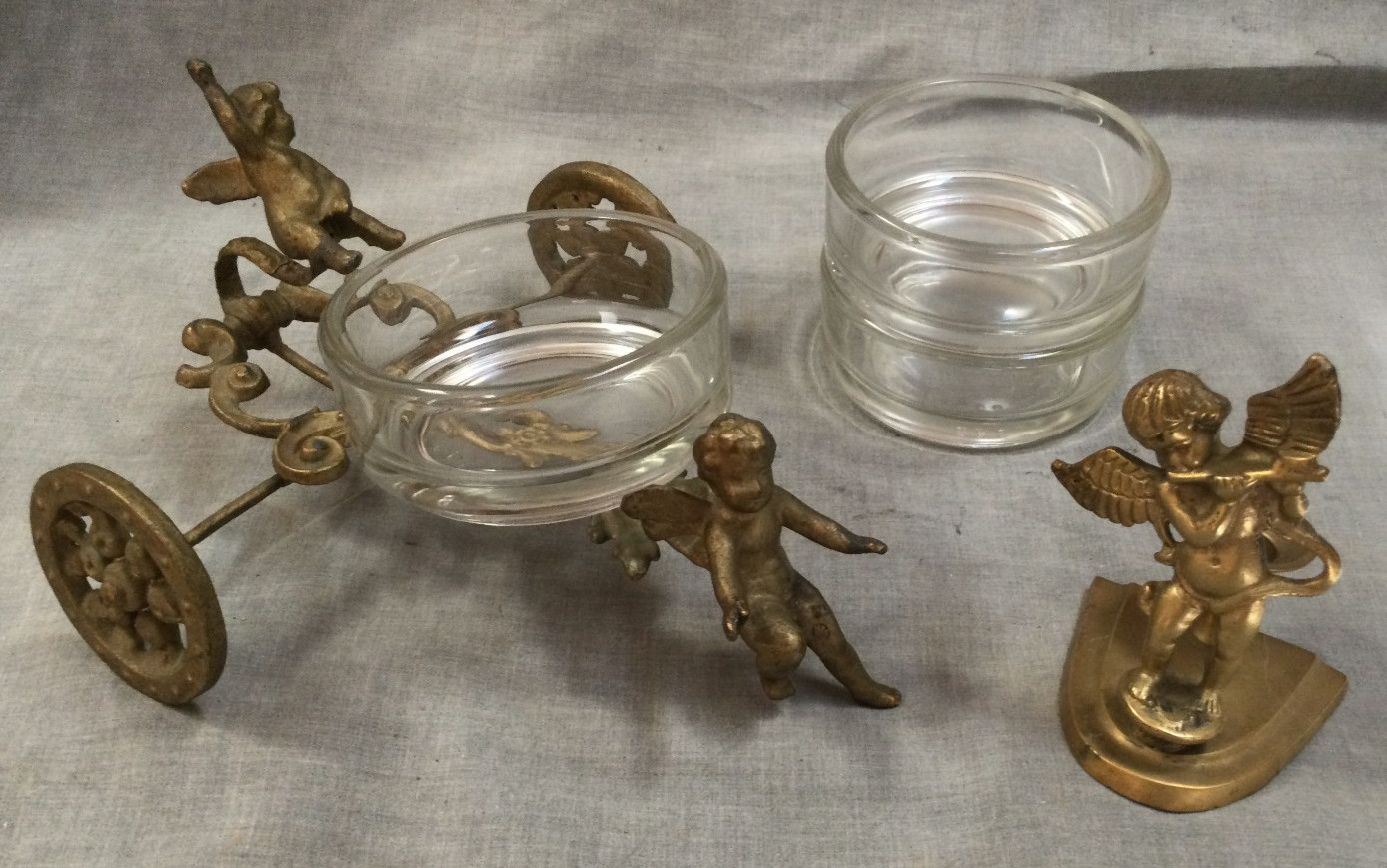 Vintage Metal Cherub Chariot Stand Relish Serving Dish Brass Candlestick Holder