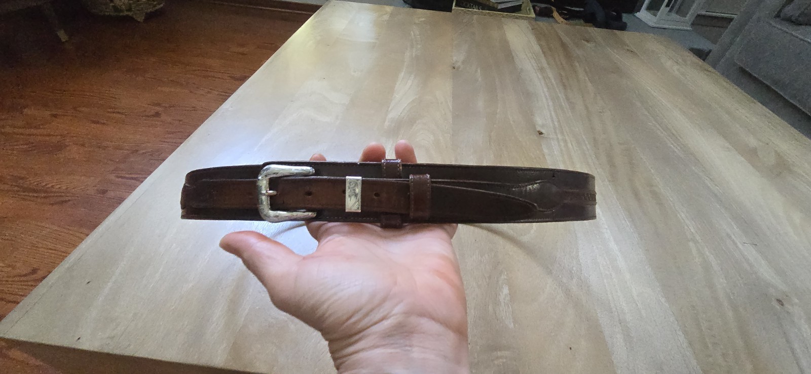 Vintage Lucchese Leather Ranger Belt Size 40 w/ Sunset Trails Sterling Silver...