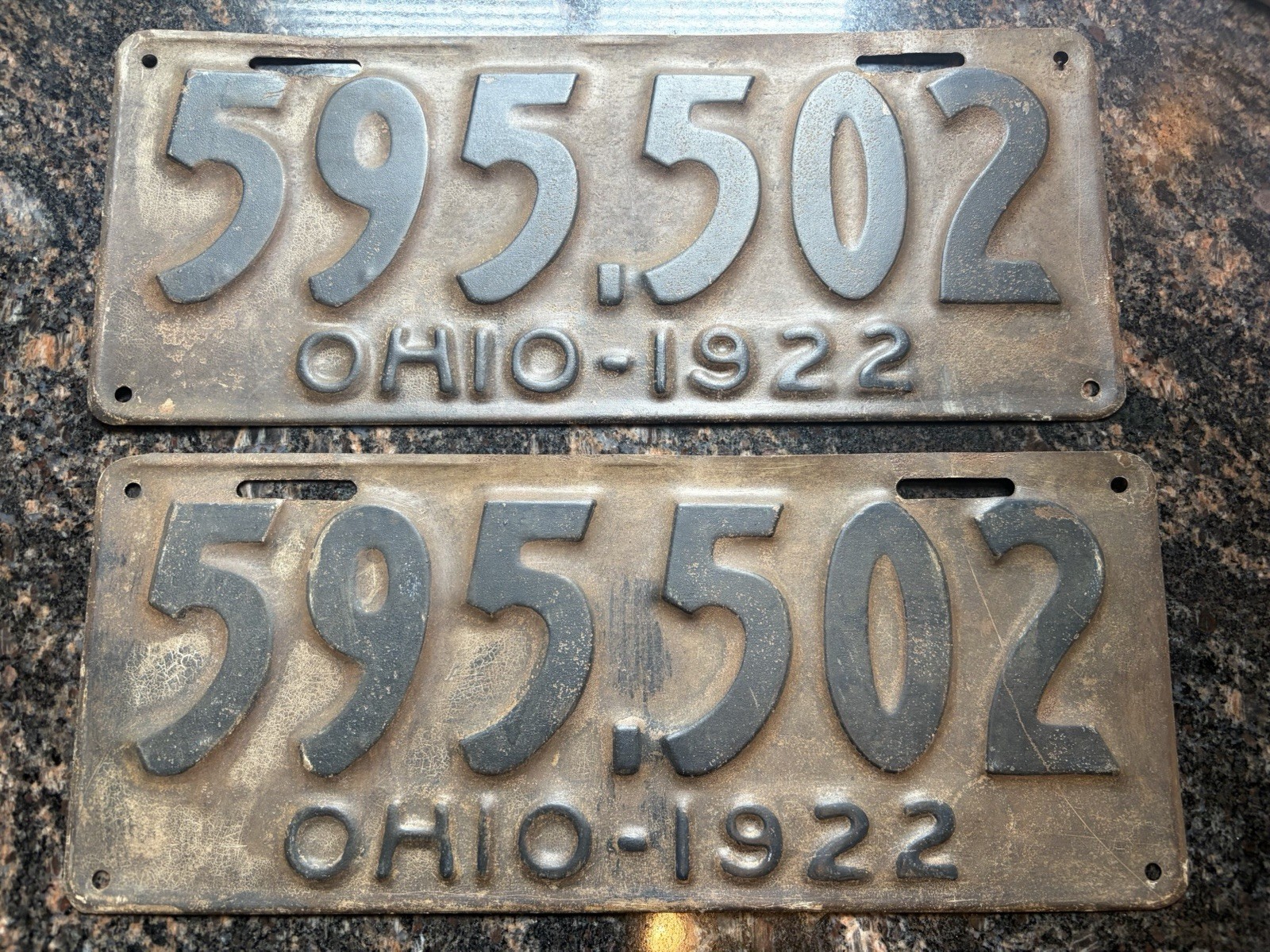 Matched Pair Of Vintage 1922 Ohio License Plates 