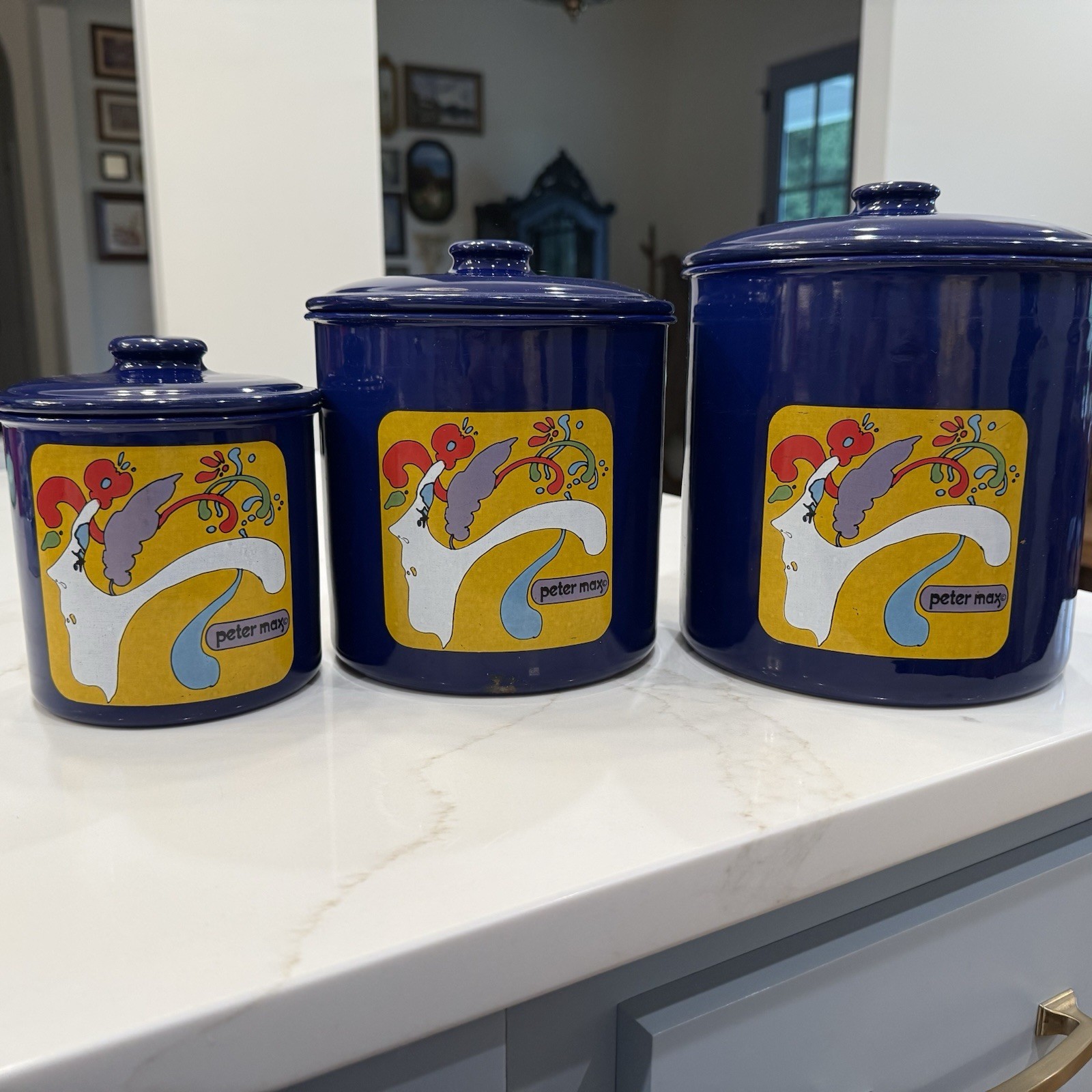 PETER MAX 3 Piece CANISTER NESTING SET RARE 1968-1972 ENAMEL COBALT BLUE