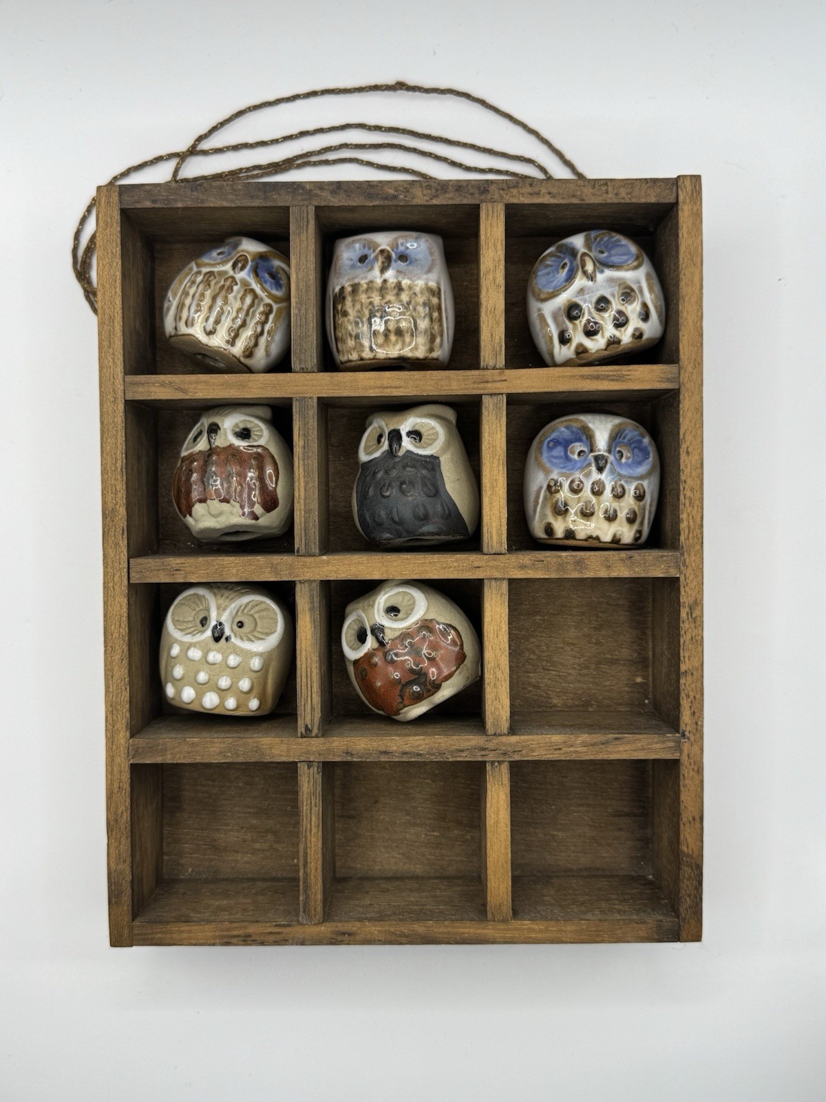 VTG Emson Miniature Ceramic Owls Set In Hanging Display Wood Box Set Of 8 VTG Emson Miniature Ceramic Owls Set In Hanging Display Wood Box Set Of 8