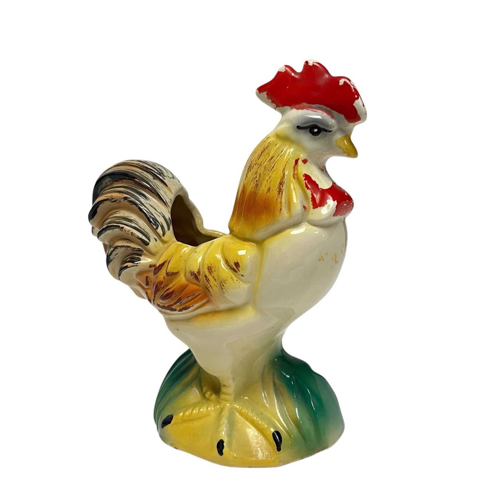 VTG 1950s Pottery Chicken Rooster Planter Distressed Farmhouse Country Kitchen