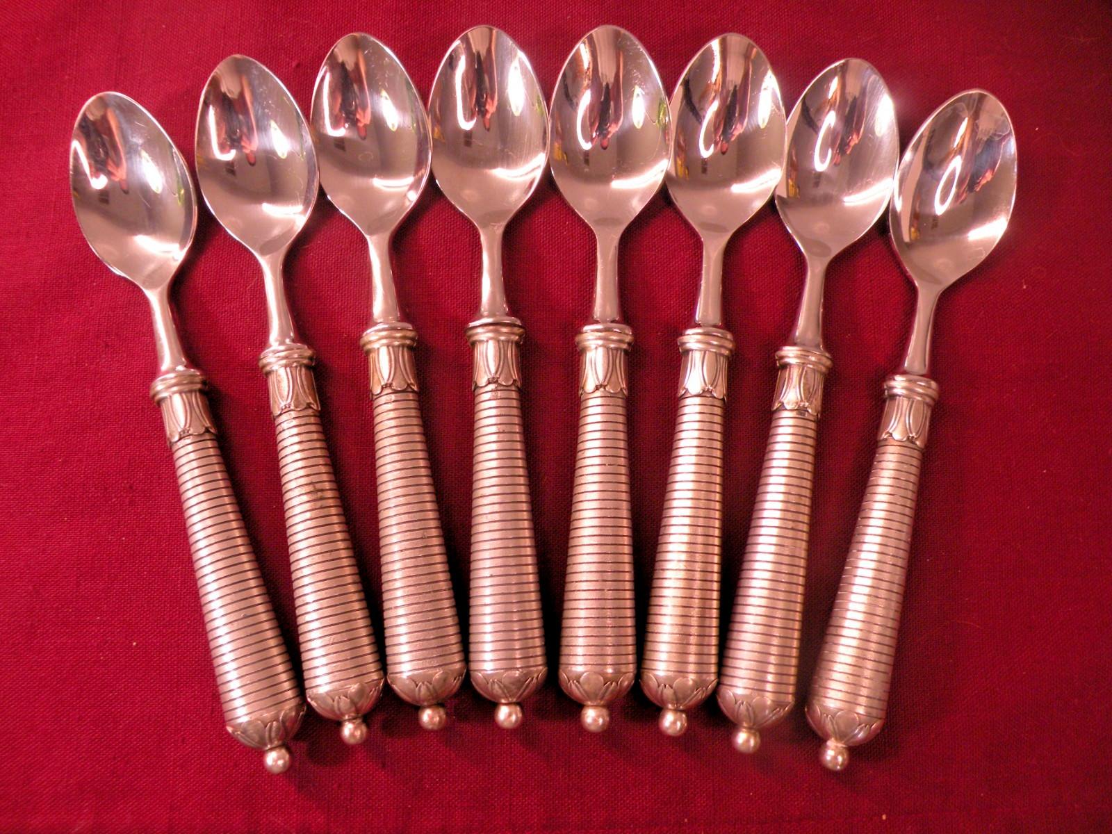 Set Of 8 Neiman Marcus Teaspoons Silverplate Thick Round Handle Ridges 6 3/4\