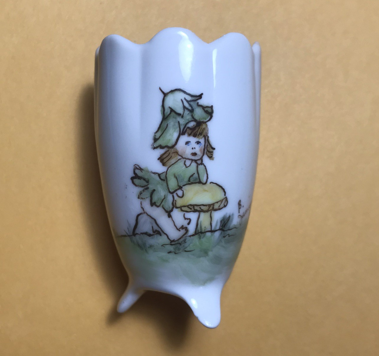 Vtg Toothpick Holder White Porcelain Handpainted Girl resting on Mushroom Signed