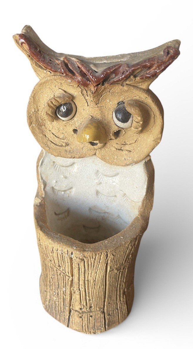 Vintage Studio Pottery Owl Toothpick Holder BOHO Folk Art Figurine Handmade