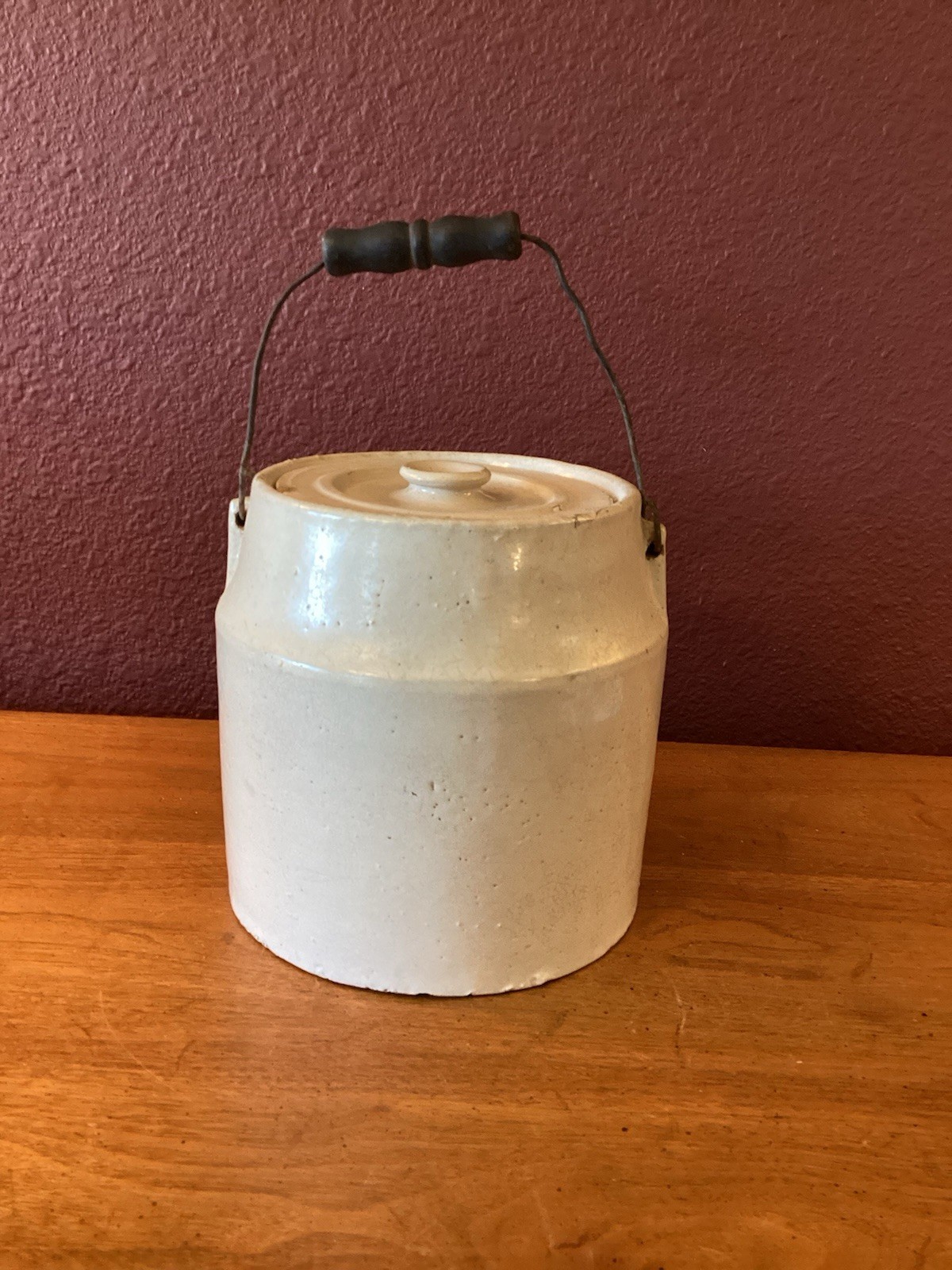 Antique Glazed Stoneware Storage Crock With Wire Bail Handle And Matching Lid Antique Glazed Stoneware Storage Crock With Wire Bail Handle And Matching Lid