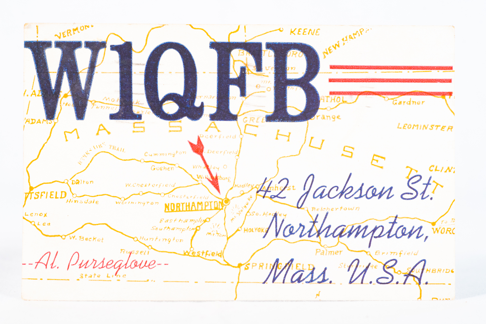 1947 Amateur Ham Radio QSL Card Northampton Mass W1QFB Al Purseglove