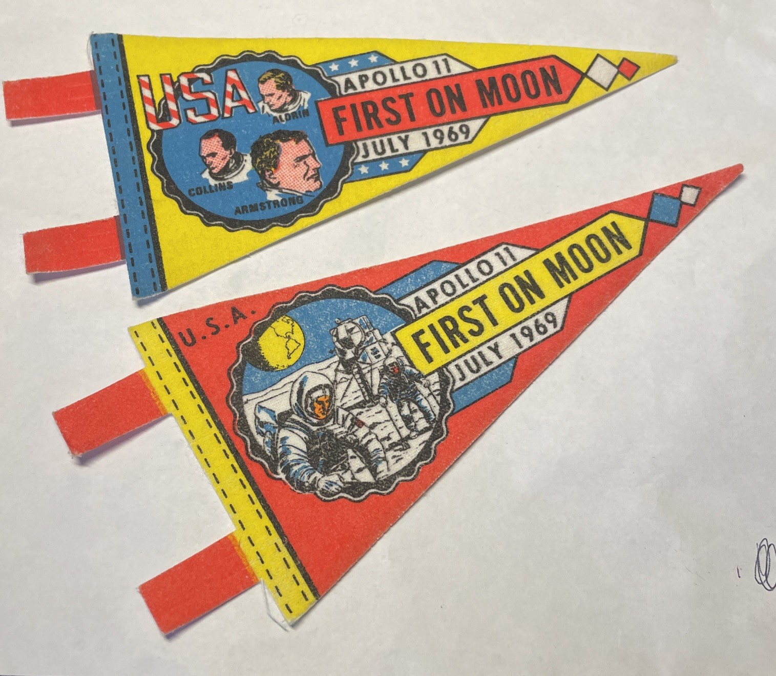 Two Vintage 1969 First on the Moon Apollo 11 Pennant Flag
