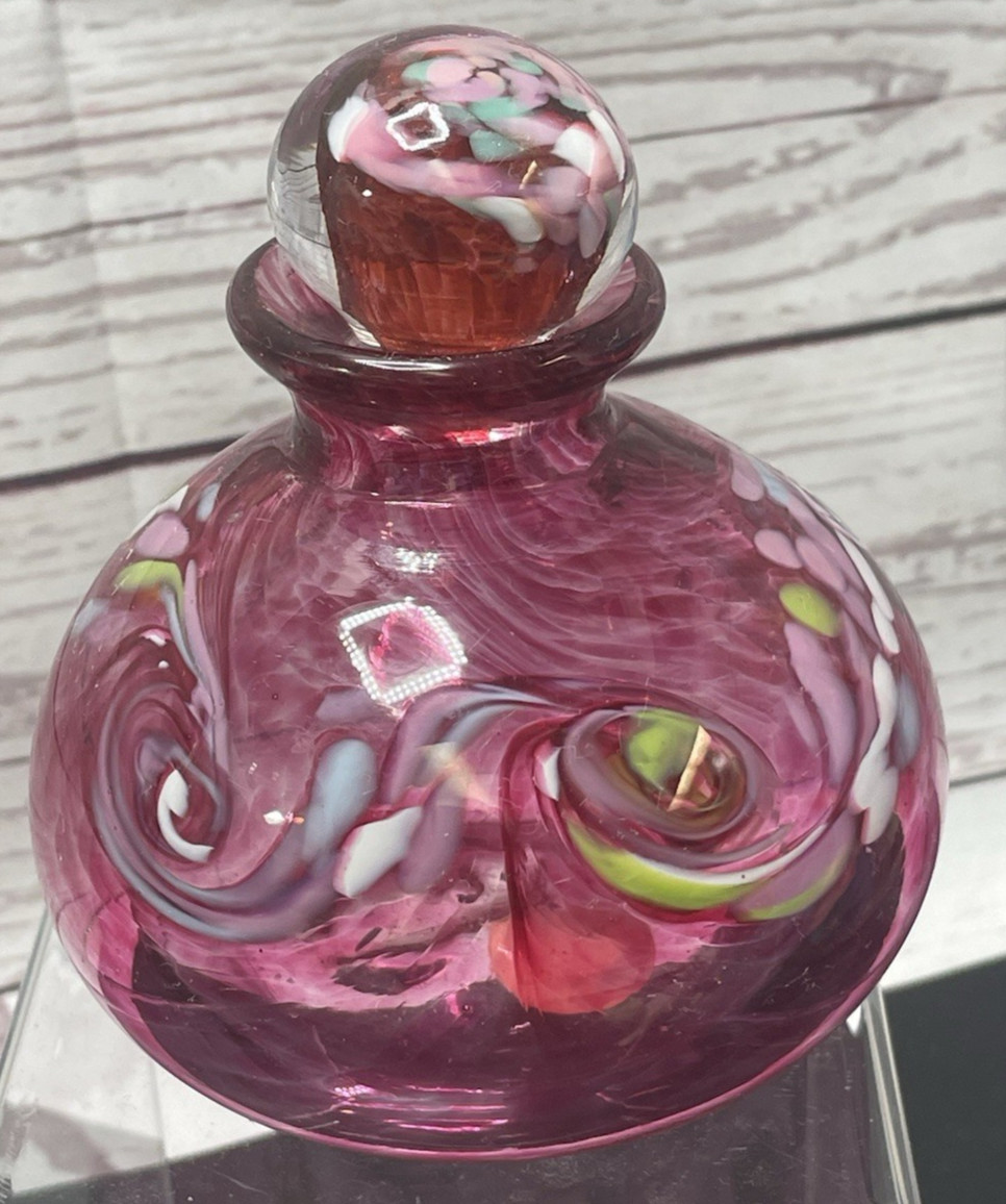 VINTAGE RON HINKLE GLASS PERFUME BOTTLE SIGNED STUDIO ART GLASS CRANBERRY *READ*