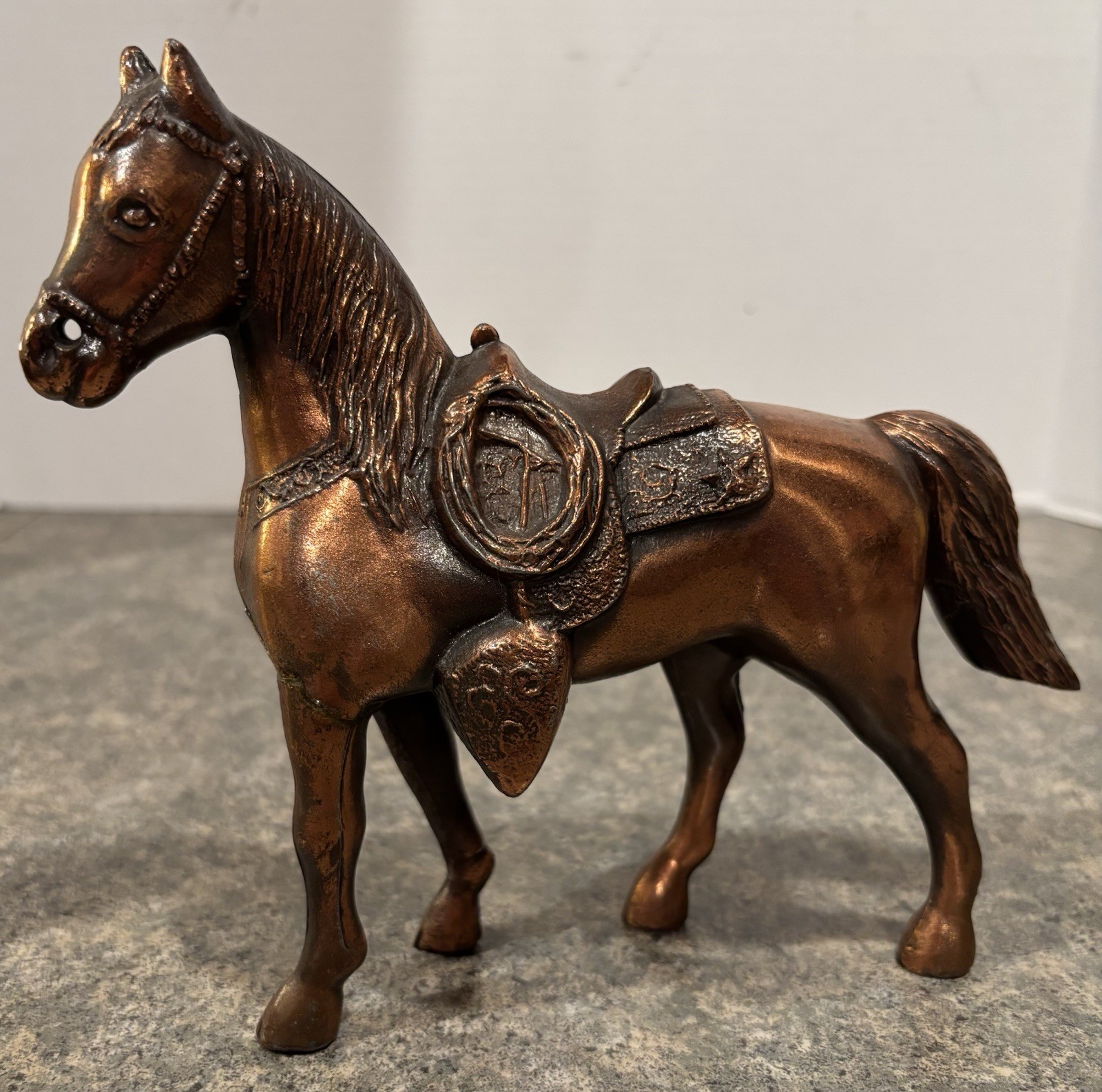 Vintage Copper Brass Semi Hollow Cowboy Saddle Horse Figurine