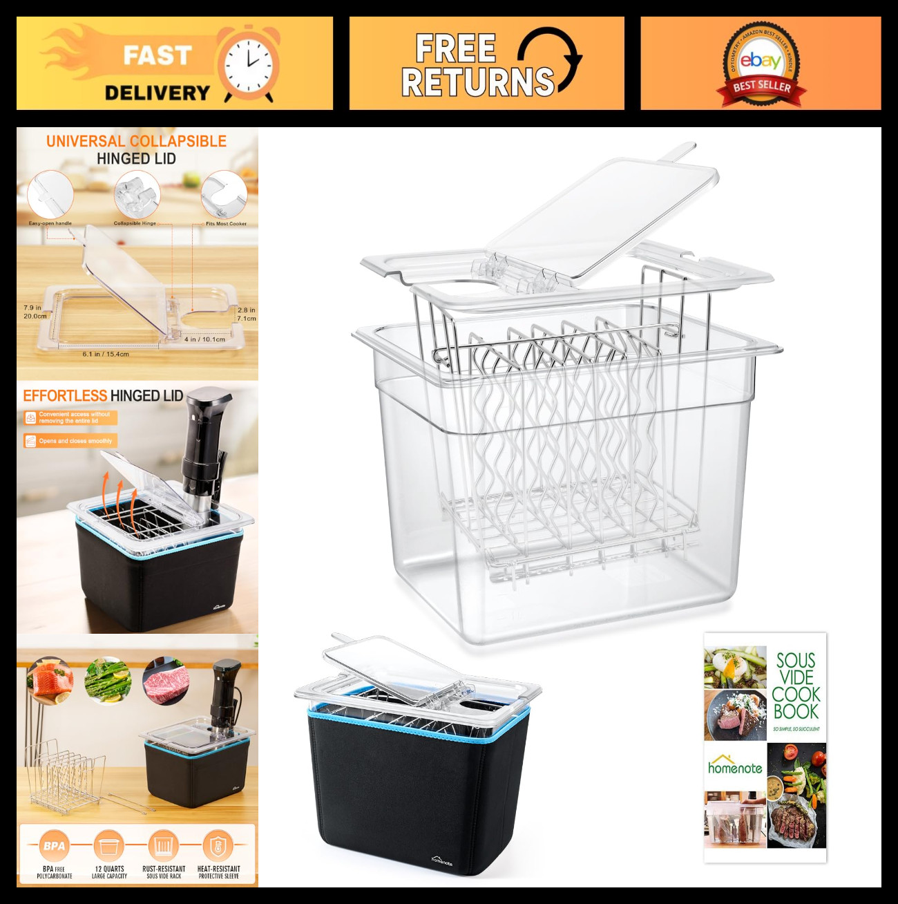 HOMENOTE Sous Vide Container 12 Quart with Universal Collapsible Hinged Lid,Comp
