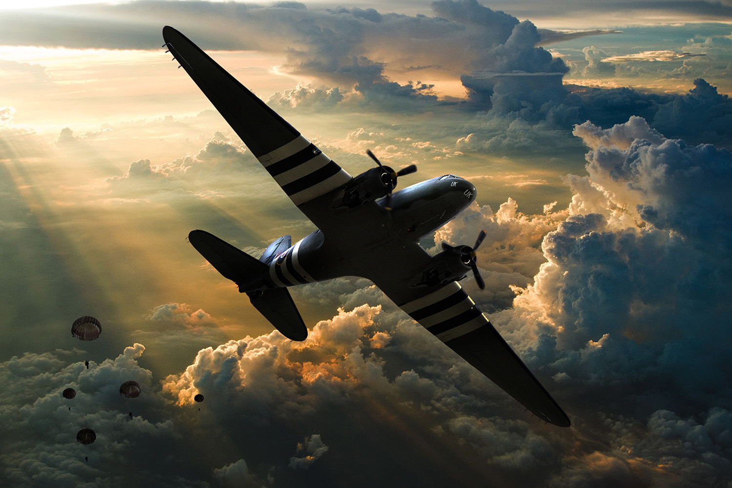 BBMF Dakota above clouds, parachutes, canvas prints various sizes free delivery 