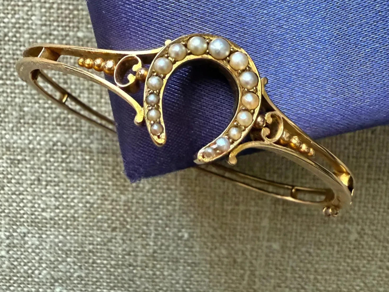 Victorian Seed Pearl Openable Horseshoe Bangle 14k Yellow Gold Plated  7.5