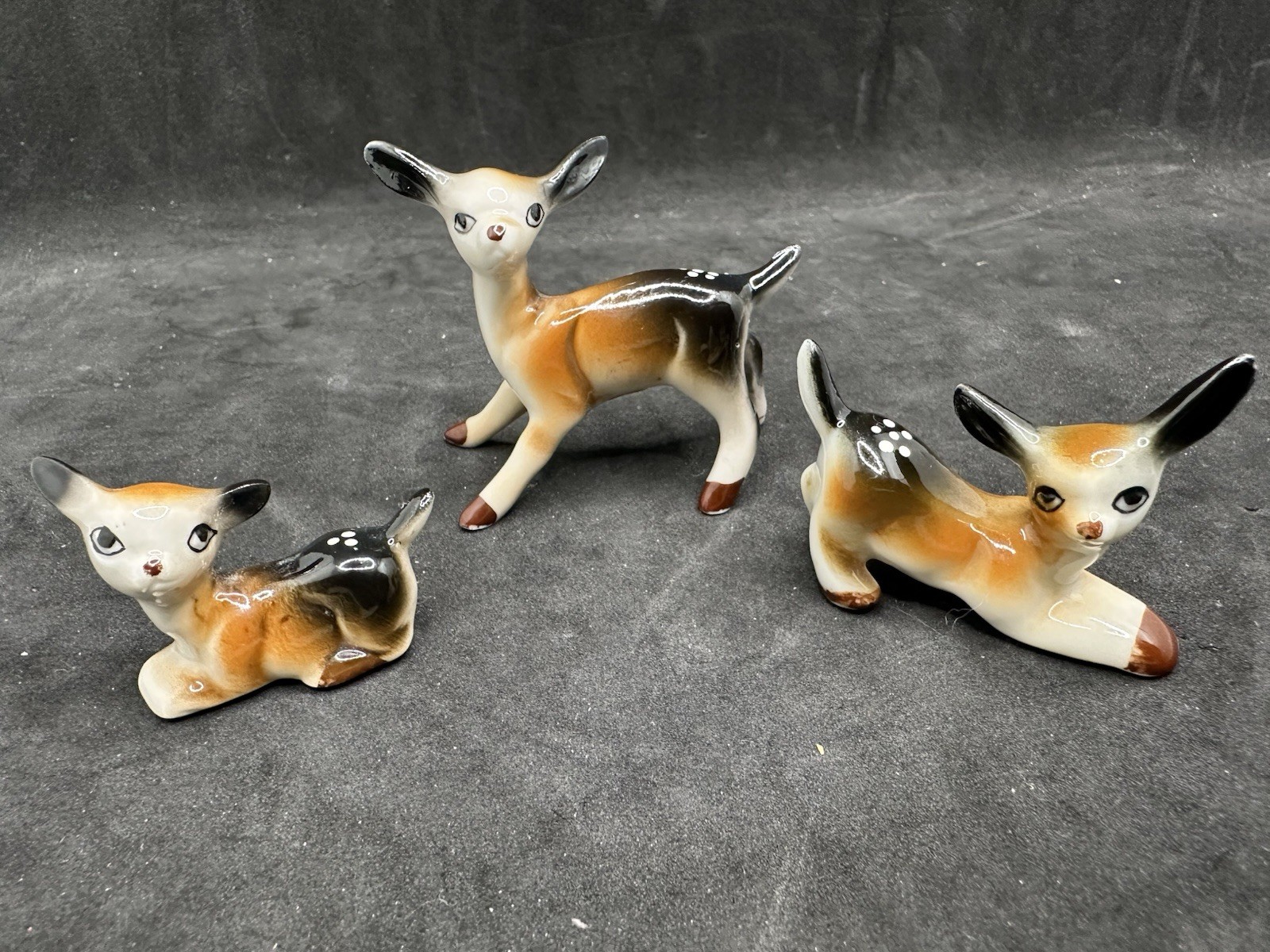Vintage Ceramic Deer Fawn Figurines Set of 3 Japan Spotted Glossy Mini Deer