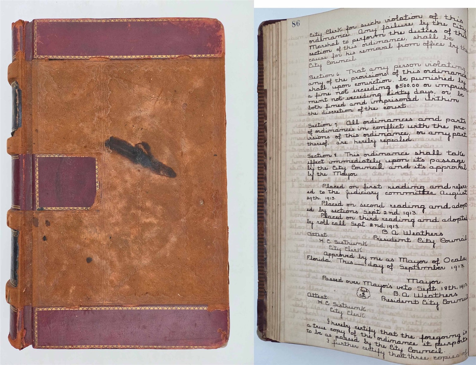 1911-14 antique OCALA fl CITY ORDINANCES RULES ORDERS handwritten LEDGER BOOK